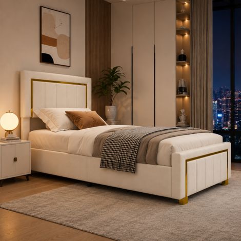 Lit 90x200 avec Sommier, Lit coffre 1 Personne, Lit rangement en hydraulique, tête de lit en velours, Cadre de Lits Capitonnée, Beige, sans matelas (1/5)