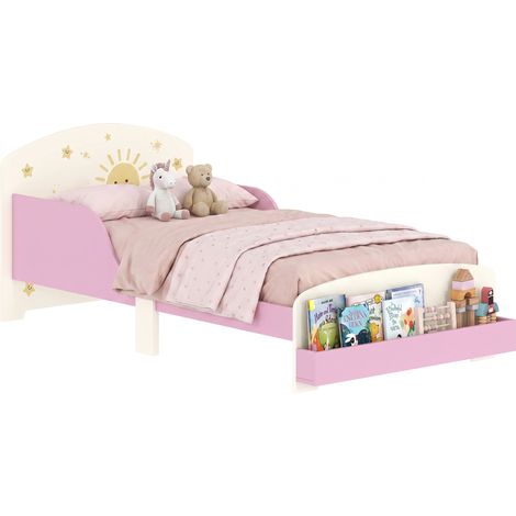 Lit enfant pour 3 ans et plus, 70 x 140 cm, en bois avec rangement et motifs d'étoiles pour chambre, rose (1/5)