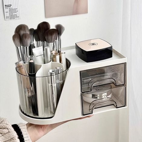 Organisateur de Bureau, Rangement Bureau avec Porte-Stylo Rotatif, 2 tiroirs et Possibilités de Rangement Multifonctionnelles pour Stylos, Agrafeuses, Pinces à Dossiers (Blanc) (1/4)