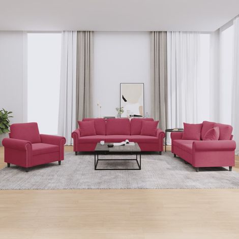 vidaXL Ensemble de canapés 3 pcs avec coussins rouge bordeaux velours