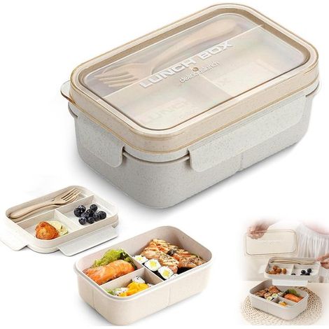 Boîte Bento 5 compartiments – 1200 ml – Beige – Étanche – Couverts inclus – Micro-ondes (1/5)
