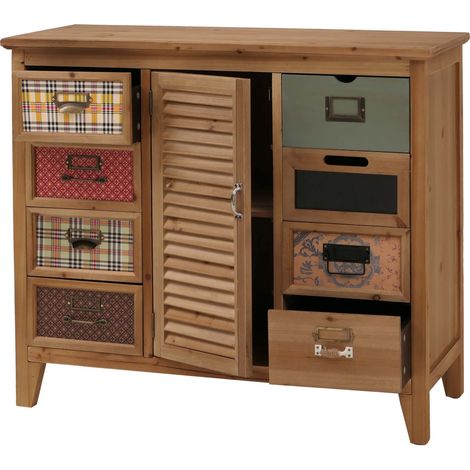 Comò cassettiera HHG-293, armadio con cassetti, portatarghette persiana vintage shabby 80x91x40 cm, telaio naturale