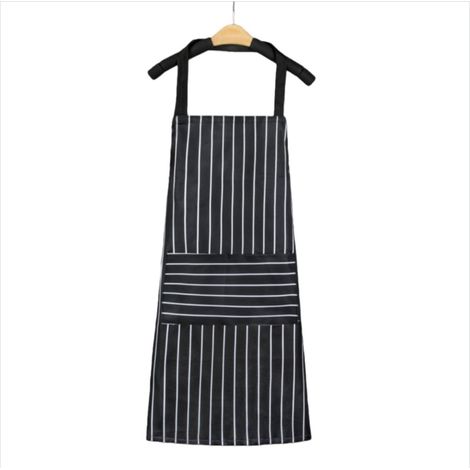 Tablier de cuisine en coton à rayures noires avec sangle de cou ajustable et poche (1/3)