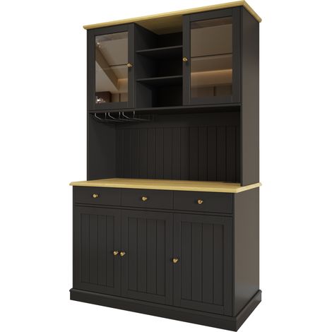Buffet haut avec portes vitrées, rangement multiple et prises intégrées, 120×40×191 cm, poignées noires et dorées (1/5)