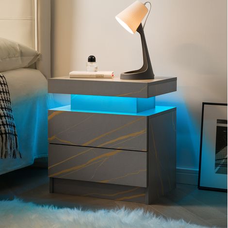 Nightstand LED Bedside Table Cabinet Lights Modern End Side with 2 Drawers for Bedroom (Grey Gold) (1/5)