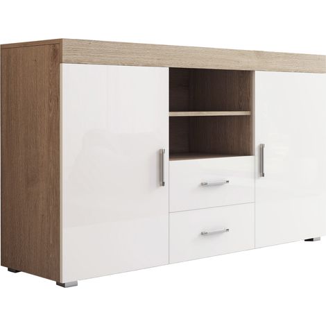 Muebles Bonitos – Buffet bas 2 portes 2 tiroirs 140x82x40cm – Finition mélamine mate et brillante – Meuble de rangement contemporain – Pour salon moderne
