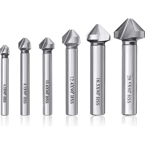 Fraise à Chanfreiner - HSS 90° - Pour Bois Métal PVC - Diamètres 6 3 8 3 10 4 12 4 16 5 20 5 mm - Lot de 6 Pièces