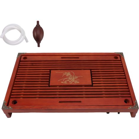 Kongfu Teetablett, Chinesisches Teetablett aus Holz mit Wasserauffangbehälter und Abfluss, doppellagiges japanisches Teetablett für den Heimtisch (Dunkelrot).