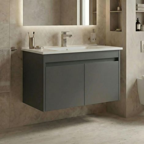 Meuble vasque suspendu 85 cm gris 2 portes NAÏA (1/4)