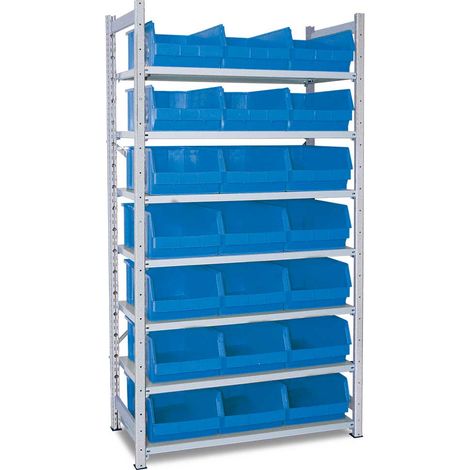 BRB Steckregal, verzinkt, mit 7 Böden, Tiefe 515 mm, bestückt mit 21 Sichtboxen LB 2/21 Liter, blau (1/2)