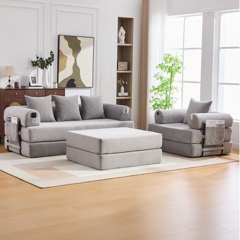 Modulares Sofa mit Hocker Cord hellgrau Metall OKMYHOME (1/5)