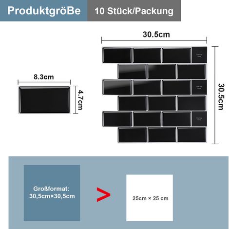 Jiubiaz Fliesenaufkleber 30,5x30,5cm Fliesen-Folie 10 PCS Deko selbstklebende Klebefliesen Schwarz für Küche Bad Wohnzimmer Zimmer (1/5)