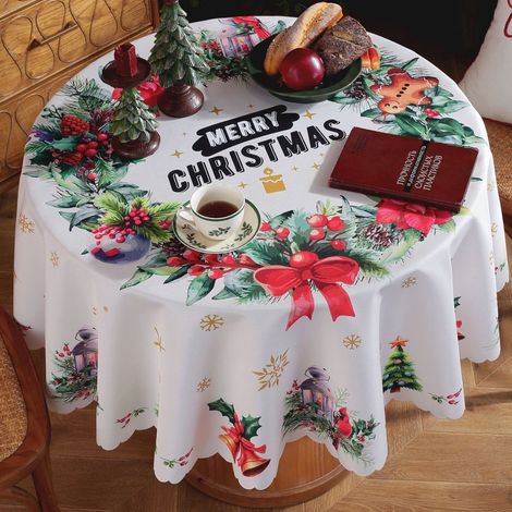 nappe de noël ronde lavable et antitache décoration de noël et du nouvel an convient pour 6 à 10 personnes diamètre 150 cm (1/5)