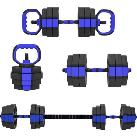 Ensemble d'haltères musculation 6-en-1 haltère réglable 25 kg kettlebell, barre de musculation support pour pompes bleu (1/5)