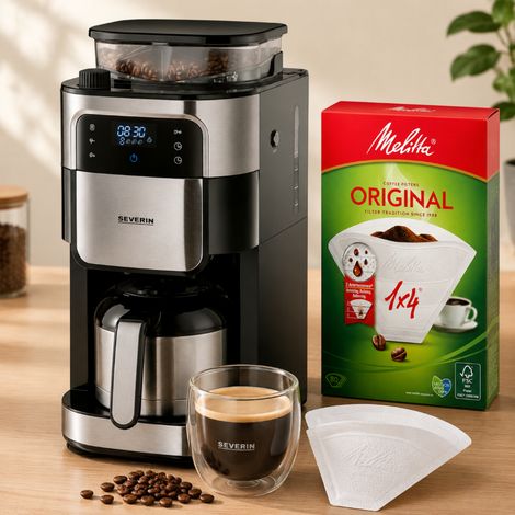 Set de café filtre « du grain à la tasse » (2 pièces) – Cafetière isotherme avec moulin et filtres non blanchis (1/3)