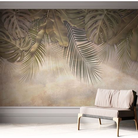 Tapete adhésive moderne pour salon et chambre à coucher Décoration rapide avec colle Feuilles tropicales 312x219 cm (1/5)