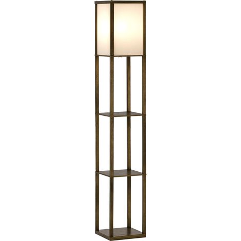 HOMCOM Floor Lamp Reading Lamp with 3-Tier Storage Shelf for Home Office Rustic Brown