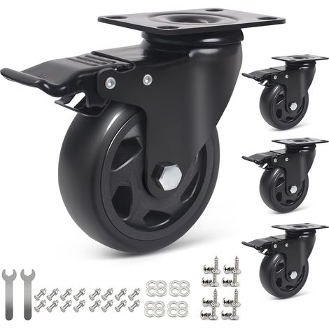 Roulettes pivotantes avec frein (100 mm) pour meubles – Lot de 4 roulettes de transport (charge jusqu'à 600 kg) – Roulettes industrielles à platine et bandage caoutchouc (16 vis incluses) (1/5)