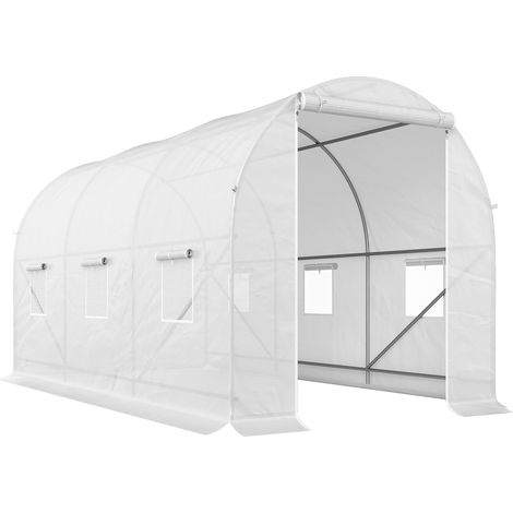 Serre tunnel de jardin 7m², tunnel de culture avec porte et 6 fenêtres, bâche PE 140 g/m² 350x200x200 cm blanc (1/5)