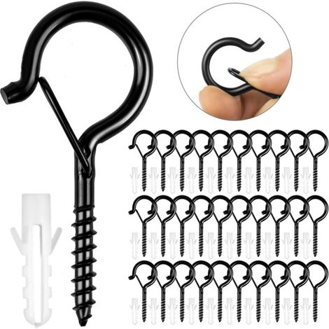 Piton à Visser Noir 30 Pièces Crochet à Visser Charge Lourde Avec Boucle de Sécurité Crochet de Plafond Bois Pour Suspendre des Paniers à Plantes, des Mangeoires à Oiseaux, des Lanternes,Tasse (1/4)