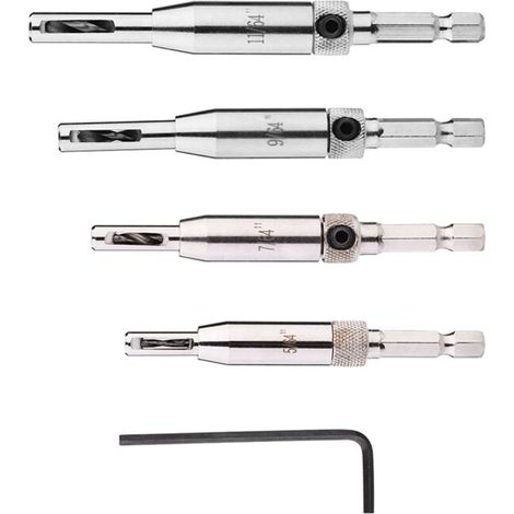 Lot de 4 mèches auto-centreuses à queue hexagonale pour charnières de porte et fenêtre, outil de perçage pour menuiserie. (1/5)