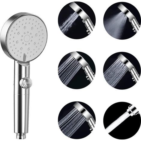 Hochdruck-Handbrausekopf mit 5 Strahlarten, Ein-/Ausschalter, Pausenfunktion, verstopfungsfreien Düsen, Handbrausekopf (Silber) (1/5)