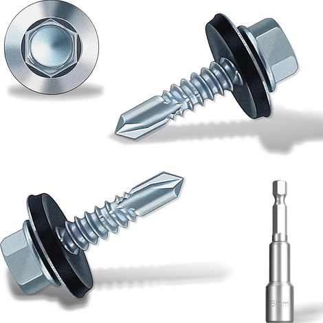 Lot de 110 vis autoforeuses pour toiture de 4,8 x 19 mm, vis autotaraudeuses à tête hexagonale avec rondelle d'étanchéité en caoutchouc. Avec douille hexagonale, plaque de zinc. (1/5)
