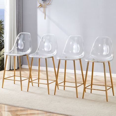 Lot de 4 tabourets de bar transparents avec structure en métal doré (1/5)