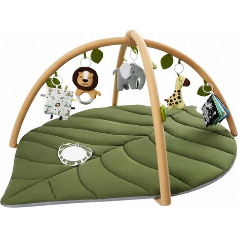 Ensemble tapis d'éveil et portique pour bébé, en forme de feuille surdimensionnée, avec jouets amovibles, pour le développement moteur et sensoriel. (1/5)