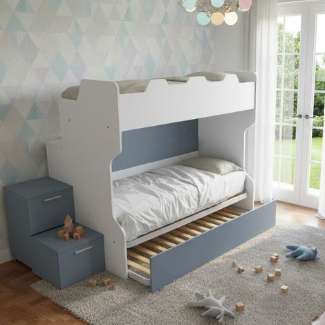 Letto a castello salvaspazio con scala a cassettoni e camminatoio - Bianco e Avio