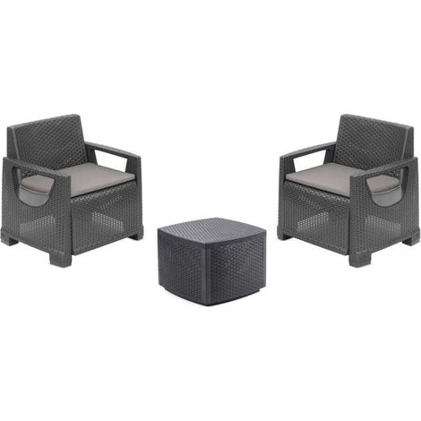 Set salotto da giardino antracite effetto rattan 2 poltrone e tavolino con cuscini - Sorrento - Ipae Progarden