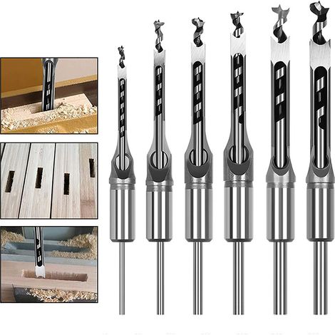 Ensemble de 6 mèches à trou carré pour bois (6,4/8/9,5/12,7/14/16 mm) - Porte-outil 19 mm - Acier HSS trempé pour mortaisage précis (1/3)