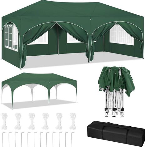 Gazebo 3x6 m avec 6 parois latérales, tissu Oxford 210D imperméable et protection UV 50+, cadre métallique vert réglable en hauteur (1/5)