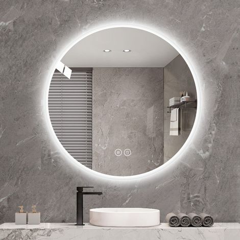 Miroir lumineux de salle de bain rond-70 cm LED-éclairage 3 tons-dimmable-anti-buée-maquillage-décoration moderne-70x70x3(cm) (1/5)