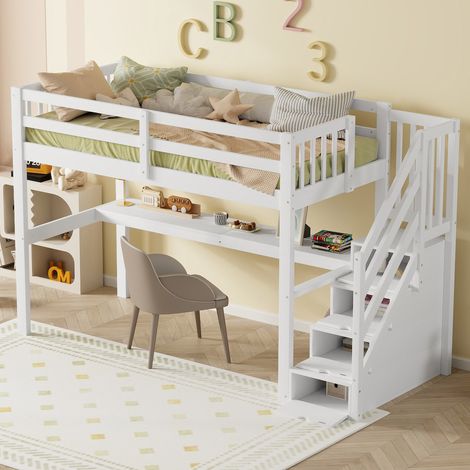 Fortuna Lai – Lit mezzanine 90x200cm – Lit surélevé enfant avec bureau et tiroirs de rangement – Bois massif blanc – Hauteur 150cm, capacité 120kg (1/5)