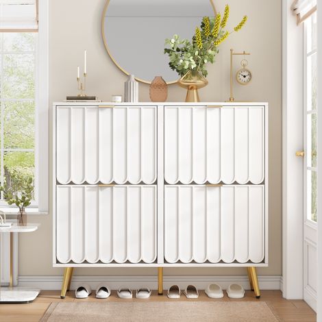 Commode à chaussures étroite 4 rabats avec système anti-basculement. Séparateurs réglables inclus,dimensions L100 xD24x H91,5 cm blanc pour couloir. (1/5)