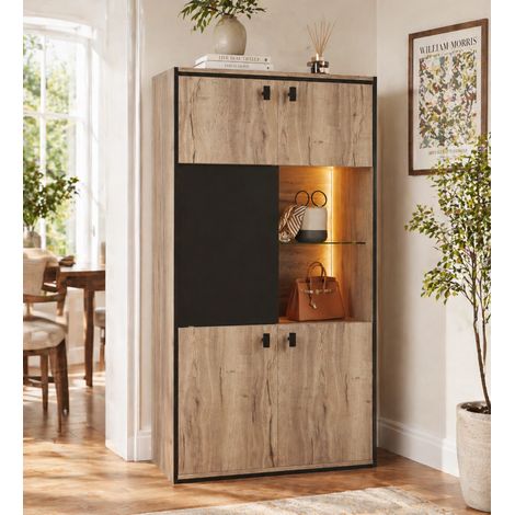Moderne Schrankkombination in Holzoptik mit schwarzem Gestell: Obere Doppeltüren, mittlere Schiebetüren mit offenem Regal und untere Fächer. Ideal für Akten, Deko und Alltagsordnung. (1/5)
