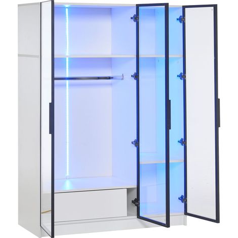 Armoire blanche avec 3 portes vitrées, 1 tiroir, penderie et éclairage LED 110x50x160 cm (1/5)