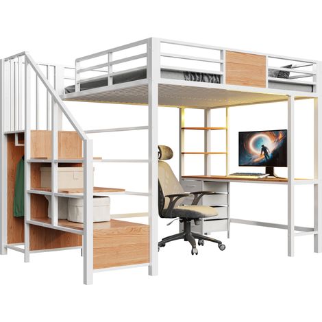 Lit mezzanine en métal 140200 avec bureau, étagères de rangement, barre de penderie, éclairage LED et prise électrique, lit mezzanine multifonction idéal pour les bureaux, les espaces de travail et le (1/5)