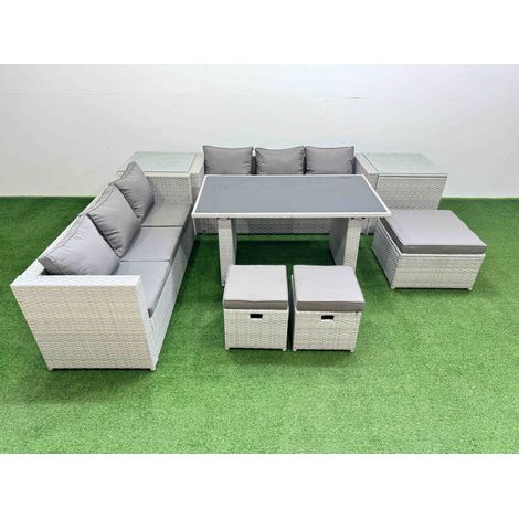 Fimous Rattan Garden Furniture Dining Set 9-seater Patio Rectangular Table Sofa Set with 2 Side Tables 3 Stools Light Grey (1/5)
