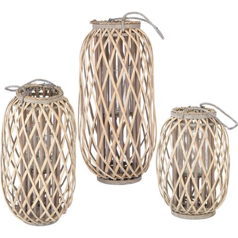 ECD Germany Set di 3 Lanterne in Vimini Naturale con Manico di Corda di Canapa e Inserto di Vetro 40 x Ø26 / 50 x Ø28 / 60 x Ø30 cm Portacandele Retro per Terrazza Giardino da Esterno o Interno