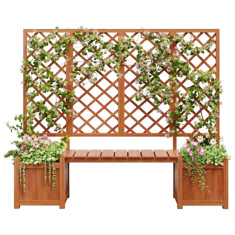 Pflanzkübel mit Spalier 169x145x42 cm, Pflanzkübel Holz aus massivem Tannenholz, dunkelbraun, mit Sitzbank und Rankhilfe für Garten Terrasse Hof