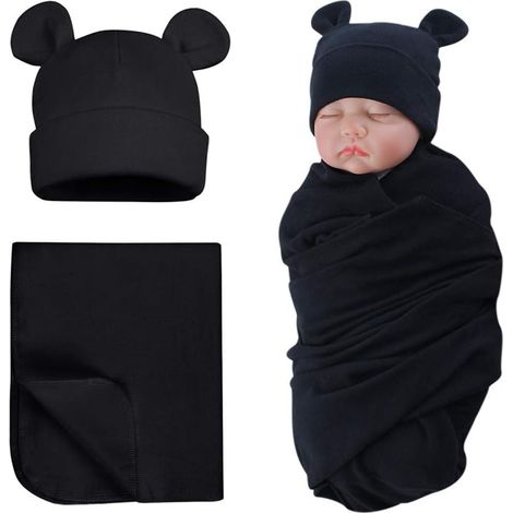 Couverture d'emmaillotage en coton avec bonnet bébé, motif ourson mignon, noire (1/5)