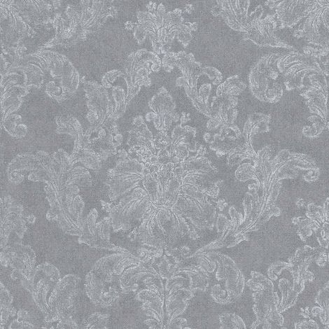 Papier peint vintage avec ornement pour chambre adulte Tapisserie intissée grise avec motif baroque Papier peint rétro gris effet usé (1/6)