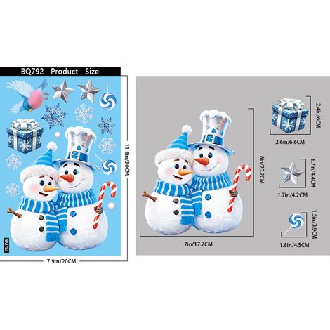 Décorations bleues de Noël et d'hiver, autocollants de fenêtre bonhomme de neige, autocollants de fenêtre Père Noël faisant signe, ambiance festive.