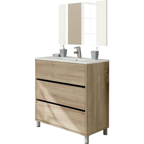 Ensemble meuble de salle de bain avec miroir inclus, largeur 80cm, avec pieds, 3 tiroirs, Blanc, pour lavabo encastré, style Moderne (1/4)