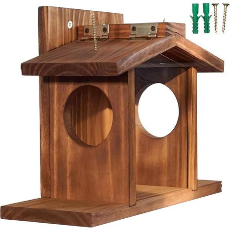 Eichhörnchen-Futterspender für den Außenbereich, Eichhörnchenhaus, einfach zu befüllender Vogelfutterspender aus Holz, sichtbarer Vogelfutterspender mit abnehmbarer Platte für Mais, Talg, Haus (1/5)