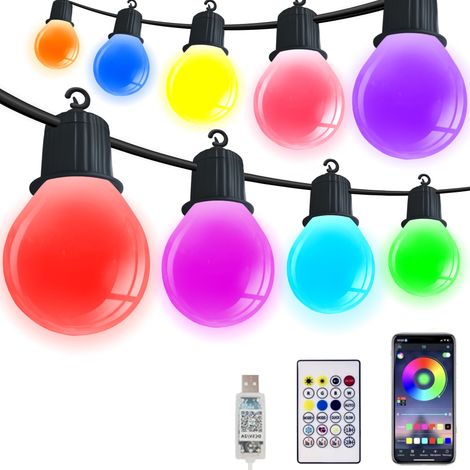 Guirlande lumineuse d'extérieur, 20 LED, 7,5 mètres, modèle USB coloré [télécommande + commande vocale par application], adaptée aux fêtes de jardin