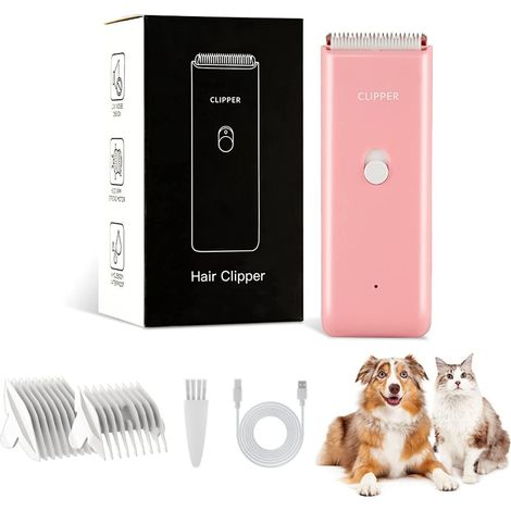 Kit de toilettage pour chat,Tondeuse professionnelle pour poils d'animaux de compagnie,Tondeuse à poils d'animaux domestiques à faible bruit,Rechargeable et sans fil,Rasoirs pour chiots, chats, rose (1/5)
