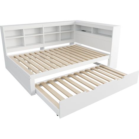 Lit avec rangement en bois blanc 140x200 cm avec lit gigogne 90x190 cm, prise USB intégrée (1/5)